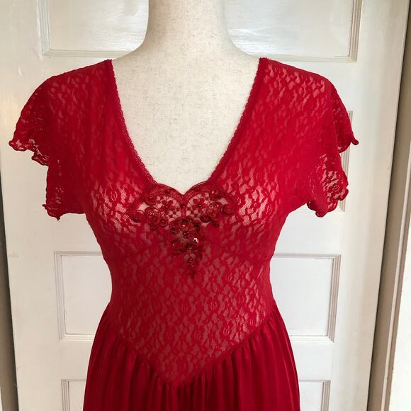 VTG Adonna Lace & Satin Nightgown Slip Dress S Red Long USA Lingerie Romantic - Picture 2 of 13